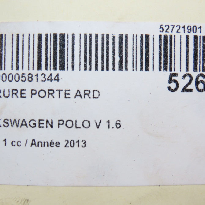 Serrure porte ard occasion VOLKSWAGEN POLO V POLO V Phase 1 2009-09-01->2014-05-31 1.6 TDI 90 6C0839014 7