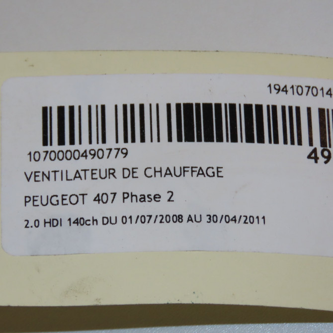Ventilateur de chauffage occasion PEUGEOT 407 Phase 2 07-2008->04-2011 2.0 HDI 140ch 6441AJ 6