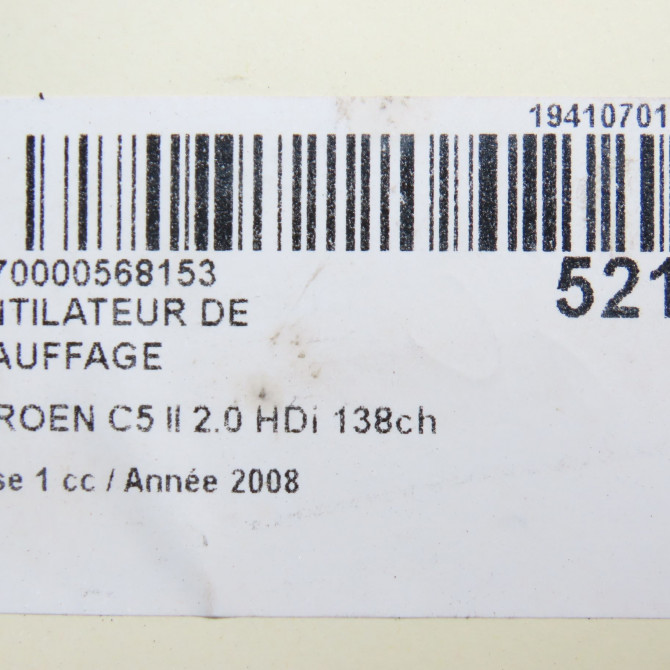Ventilateur de chauffage occasion CITROEN C5 II Phase 1 04-2008->... 2.0 HDi 138ch 6441AJ 6