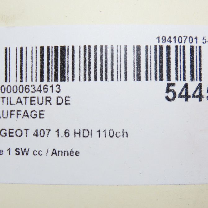 Ventilateur de chauffage occasion PEUGEOT 407 phase 1 SW 07-2004->07-2008 1.6 HDI 110ch 6441AJ 7