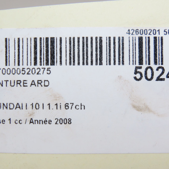 Ceinture arrière droite occasion HYUNDAI I 10 I Phase 1 03-2008->12-2010 1.1i 67ch 898200X0004X 6