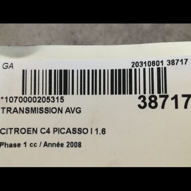 Transmission avant gauche occasion CITROEN C4 PICASSO I Phase 1 01-2007->10-2013 1.6 HDi 16v 110ch 3272ZE 4