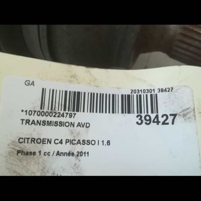 Transmission avant droite occasion CITROEN C4 PICASSO I Phase 1 01-2007->10-2013 1.6 e-HDI 8v 110ch 3273VH 5
