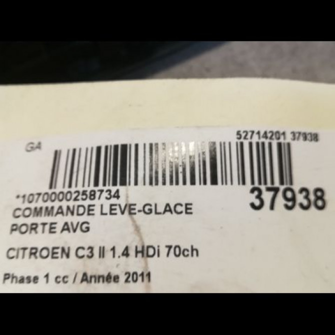 Commande lève-glace porte avant gauche occasion CITROEN C3 II Phase 1 11-2009->02-2013 1.4 HDi 70ch 98012283XT 3