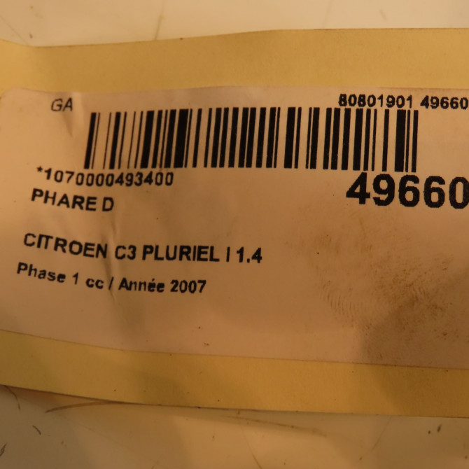 Phare droit occasion CITROEN C3 PLURIEL I Phase 1 04-2003->09-2008 1.4 HDi 6205ZL 3