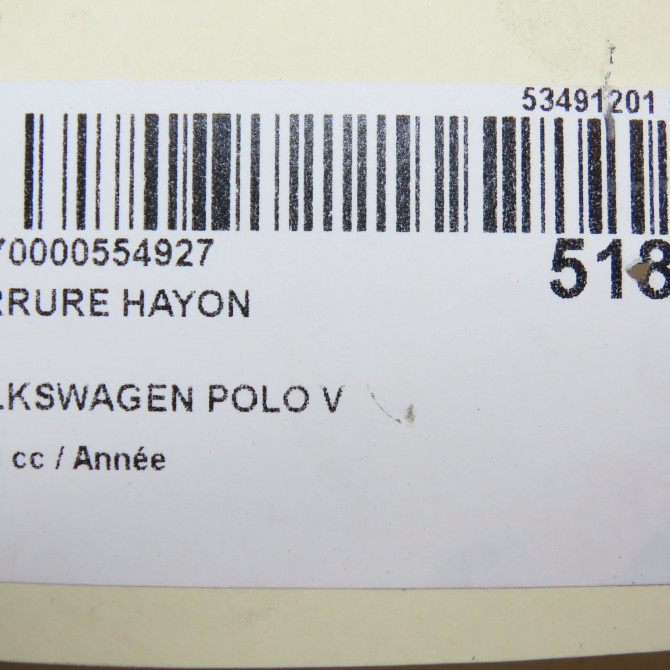 Serrure hayon occasion VOLKSWAGEN POLO V Phase 2 02-2014->... 6R0827505E9B9 5