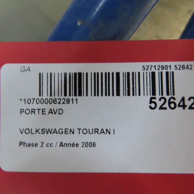 Porte avant droite occasion VOLKSWAGEN TOURAN I Phase 2 11-2006->09-2010 2.0TDi 16v 140ch 5