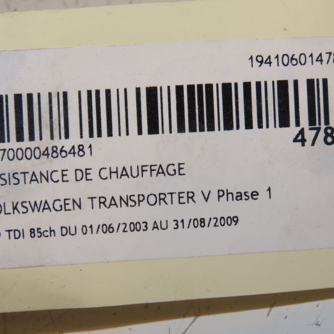 Resistance de chauffage occasion VOLKSWAGEN TRANSPORTER V Phase 1 06-2003->08-2009 1.9 TDI 85ch 4