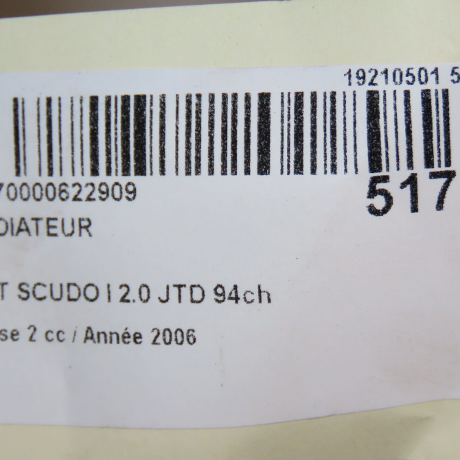 Radiateur occasion FIAT SCUDO I Phase 2 01-2004->04-2007 2.0 JTD 94ch 6