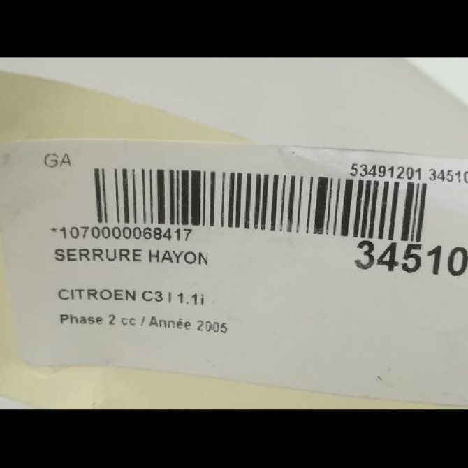 Serrure hayon occasion CITROEN C3 I Phase 2 10-2005->12-2010 1.1i 871982 4