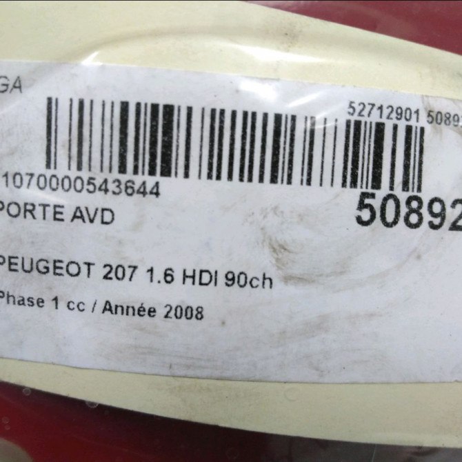 Porte avant droite occasion PEUGEOT 207 Phase 1 04-2006->06-2013 1.6 HDI 90ch 9004X8 6