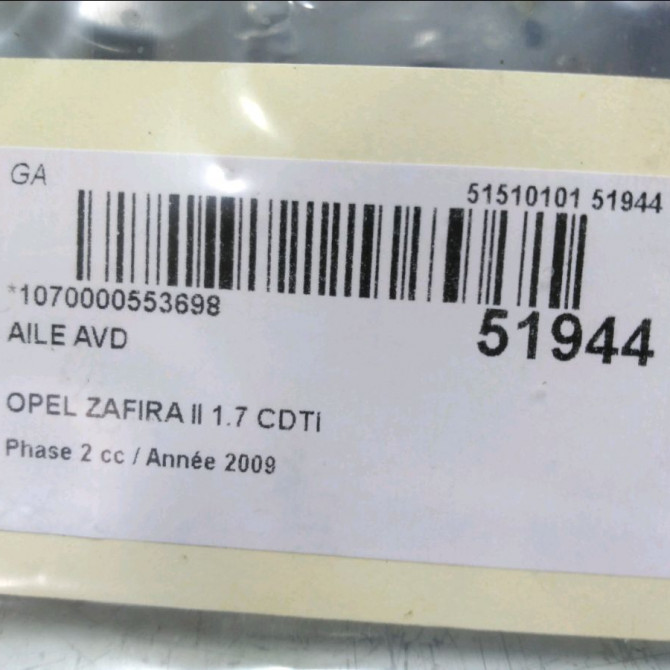Aile avant droite occasion OPEL ZAFIRA II Phase 2 01-2008->12-2014 1.7 CDTI 125ch 93184412 5