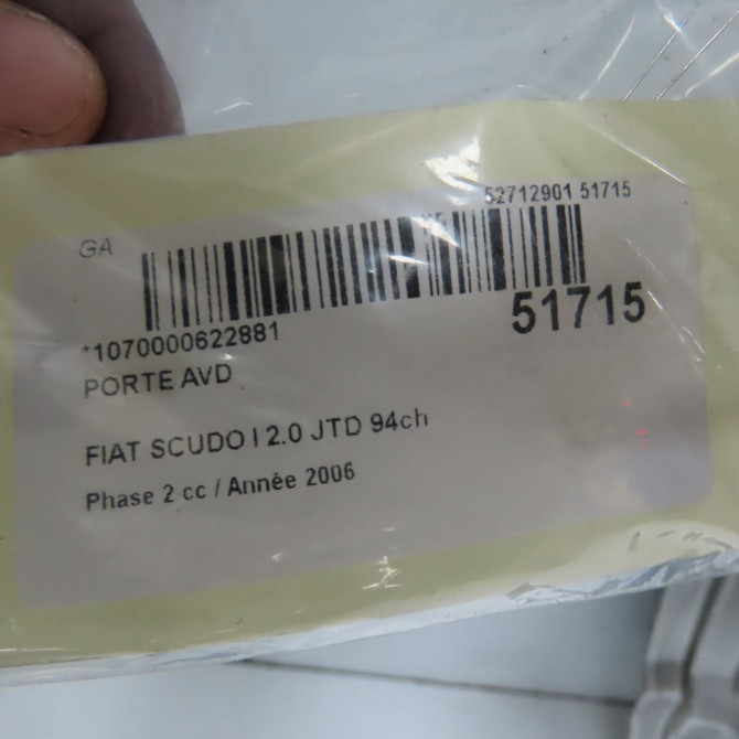 Porte avant droite occasion FIAT SCUDO I Phase 2 01-2004->04-2007 2.0 JTD 94ch 6