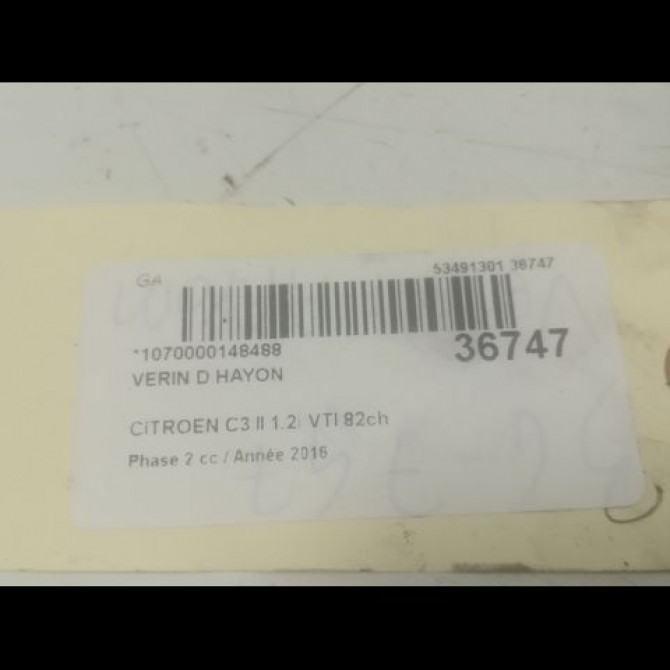 Verin droit hayon occasion CITROEN C3 II Phase 2 03-2013->12-2016 1.2i VTI 82ch 8731T9 2