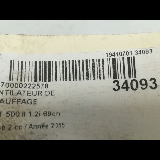 Ventilateur de chauffage occasion FIAT 500 II phase 2 04-2014->... 1.2i 69ch 77367983 3