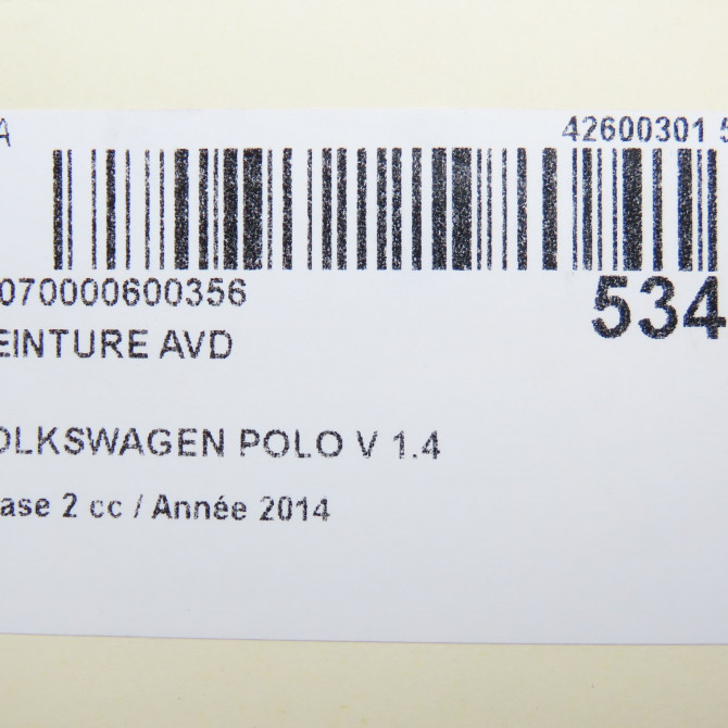 Ceinture avant droite occasion VOLKSWAGEN POLO V Phase 2 02-2014->... 1.4 TDI 90ch 6R3857706ARAA 6