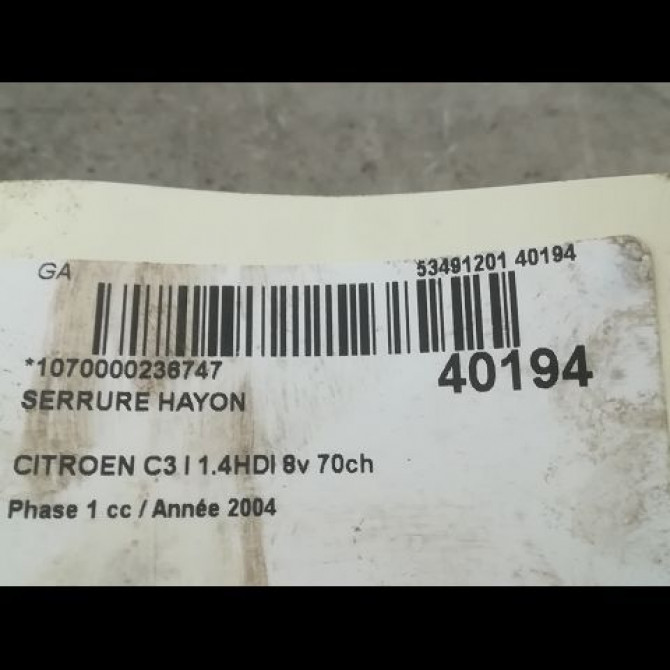 Serrure hayon occasion CITROEN C3 I Phase 1 04-2002->10-2005 1.4HDI 8v 70ch 871972 3