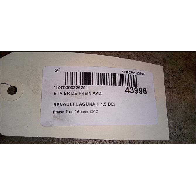 Etrier de frein avant droit occasion RENAULT LAGUNA III Phase 2 11-2010->03-2013 1.5 DCI 8v 110ch 410010002R 2