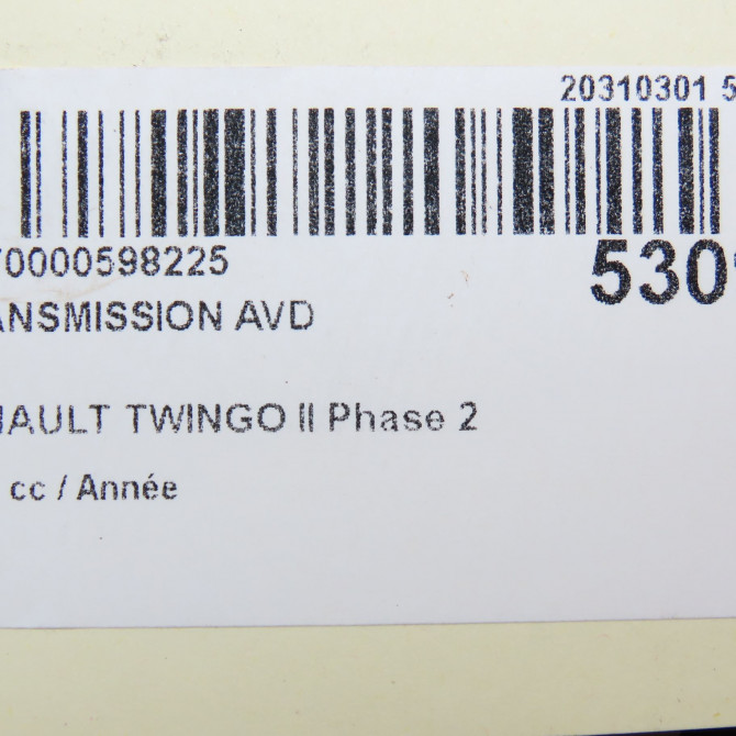 Transmission avant droite occasion RENAULT TWINGO II Phase 2 12-2011->12-2014 391008369R 7