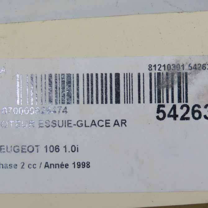 Moteur essuie-glace arrière occasion PEUGEOT 106 Phase 2 04-1996->09-2003 1.0i 6405C4 6