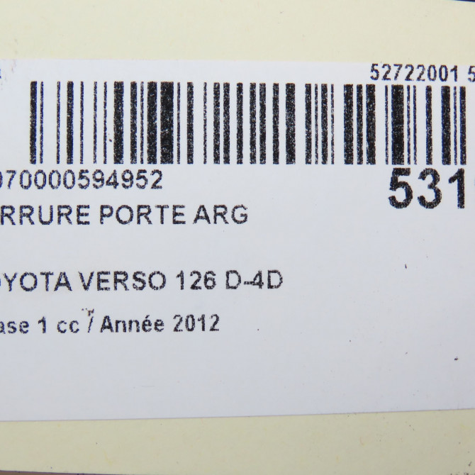Serrure porte arg occasion TOYOTA VERSO Phase 1 06-2009->12-2012 126 D-4D 690600F031 6