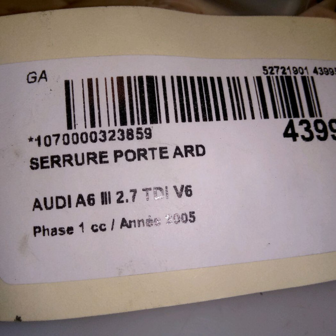Serrure porte ard occasion AUDI A6 III Phase 1 05-2004->10-2008 2.7 TDi V6 4F0839016 5