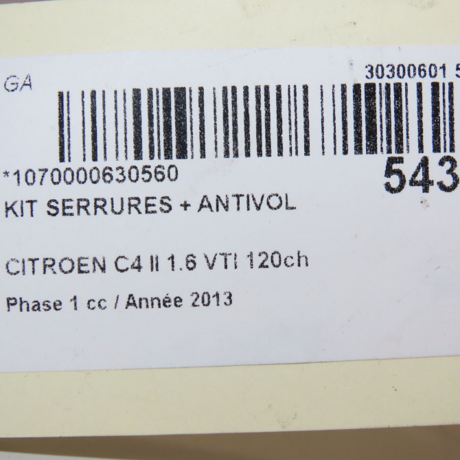 Kit serrures + antivol occasion CITROEN C4 II Phase 1 10-2010->01-2015 1.6 VTI 120ch 4162WH 6