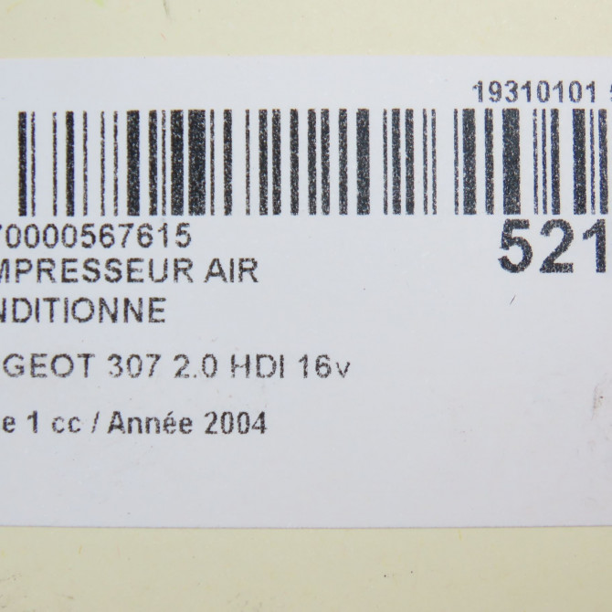 Compresseur air conditionne occasion PEUGEOT 307 Phase 1 04-2001->06-2005 2.0 HDI 16v 136ch 6453PE 8