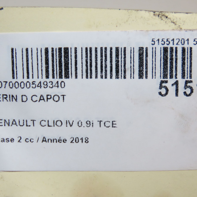 Verin d capot occasion RENAULT CLIO IV Phase 2 08-2016->... 0.9i TCE 654703934R 4