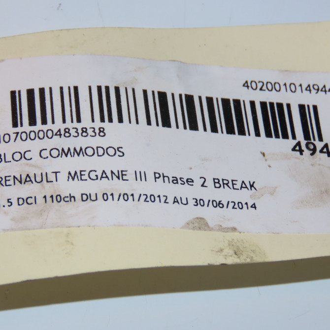 Bloc commodos occasion RENAULT MEGANE III Phase 1 04-1995->04-1999 1.5 DCI 110ch 255670017R 4
