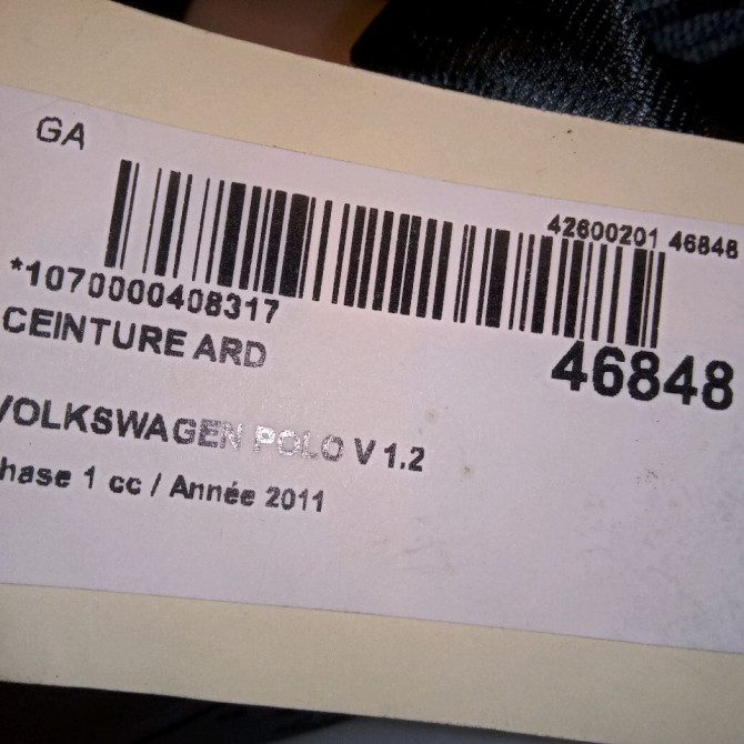 Ceinture arrière droite occasion VOLKSWAGEN POLO V POLO V Phase 1 2009-09-01->2014-05-31 1.2 60ch 6C0857806RAA 4