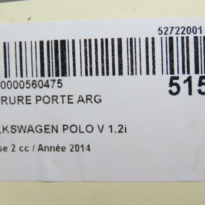 Serrure porte arg occasion VOLKSWAGEN POLO V Phase 2 02-2014->... 1.2i 90ch 6C0839013A 6