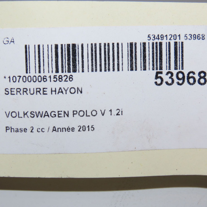 Serrure hayon occasion VOLKSWAGEN POLO V Phase 2 02-2014->... 1.2i 90ch 6R0827505G9B9 5
