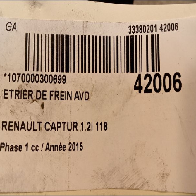 Etrier de frein avant droit occasion RENAULT CAPTUR Phase 1 02-2013->... 1.2i 118 16V 410018218R 3
