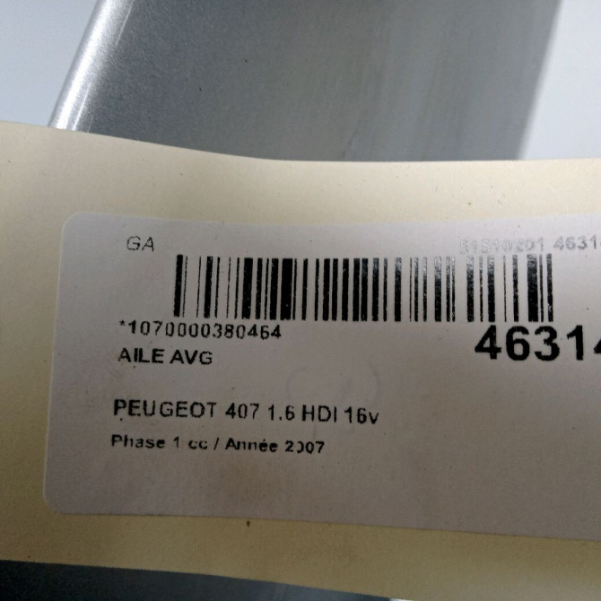 Aile avant gauche occasion PEUGEOT 407 Phase 1 04-2004->07-2008 1.6 HDI 16v 7840P0 2