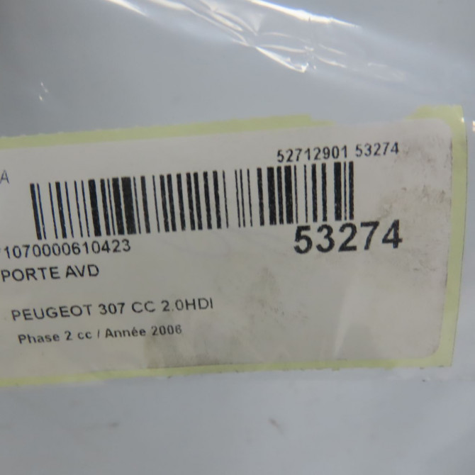 Porte avant droite occasion PEUGEOT 307 CC Phase 2 06-2005->06-2008 2.0HDI 136ch 9004Z1 7