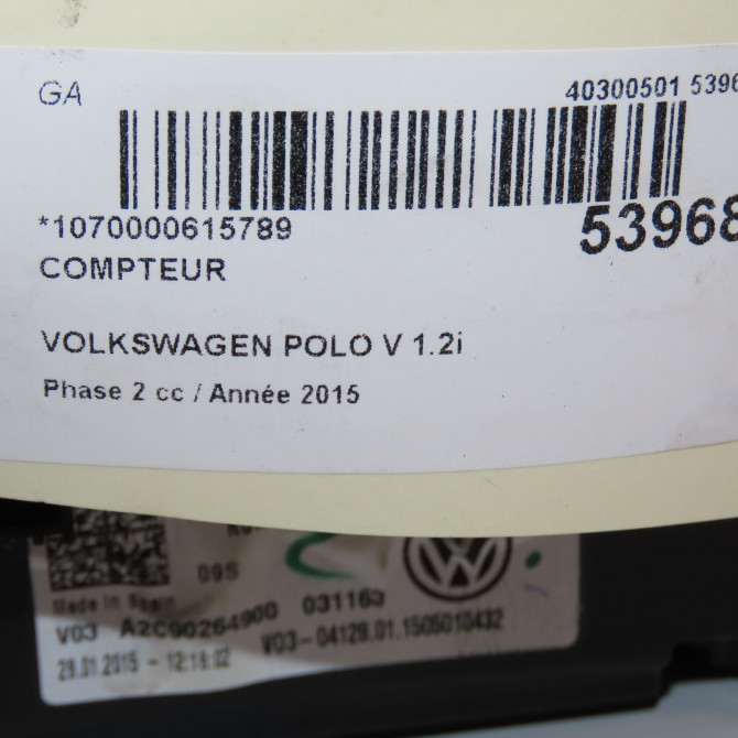 Compteur occasion VOLKSWAGEN POLO V Phase 2 02-2014->... 1.2i 90ch 6C0920730A 6
