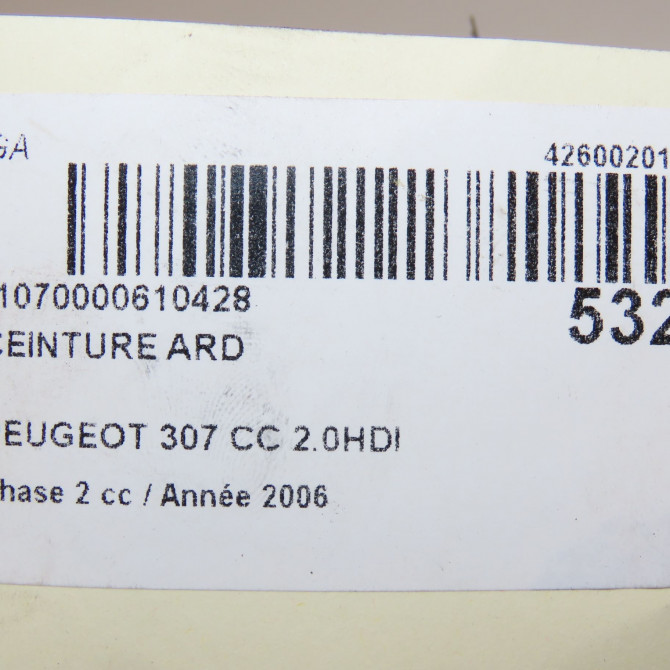 Ceinture arrière droite occasion PEUGEOT 307 CC Phase 2 06-2005->06-2008 2.0HDI 136ch 8974JY 5