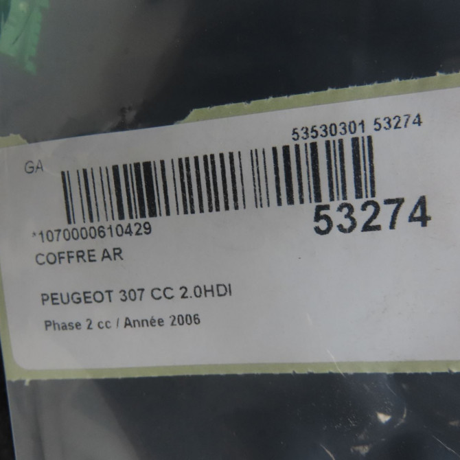 Coffre arrière occasion PEUGEOT 307 CC Phase 2 06-2005->06-2008 2.0HDI 136ch 860679 7