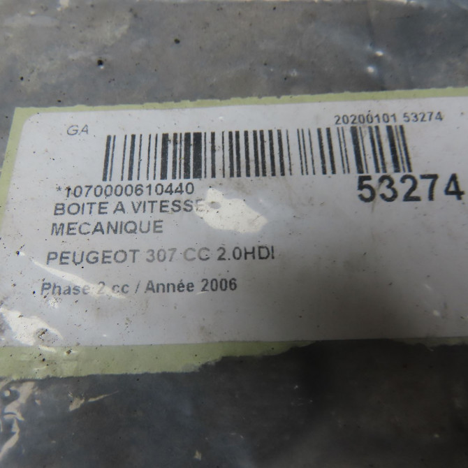 Boîte à vitesse mecanique occasion PEUGEOT 307 CC Phase 2 06-2005->06-2008 2.0HDI 136ch 2222YZ 8