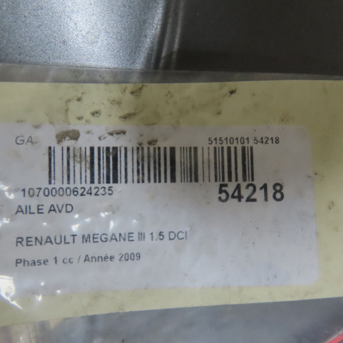Aile avant droite occasion RENAULT MEGANE III Phase 1 11-2008->01-2012 1.5 DCI 105ch 631005149R 5