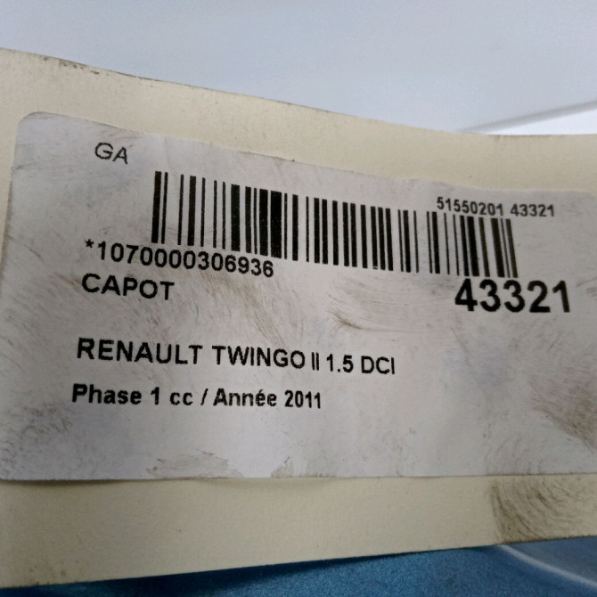 Capot occasion RENAULT TWINGO II Phase 1 06-2007->11-2011 1.5 DCI 75ch 651003355R 3