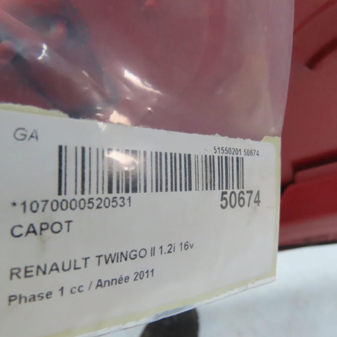 Capot occasion RENAULT TWINGO II Phase 1 06-2007->11-2011 1.2i 16v 75ch 651003355R 4