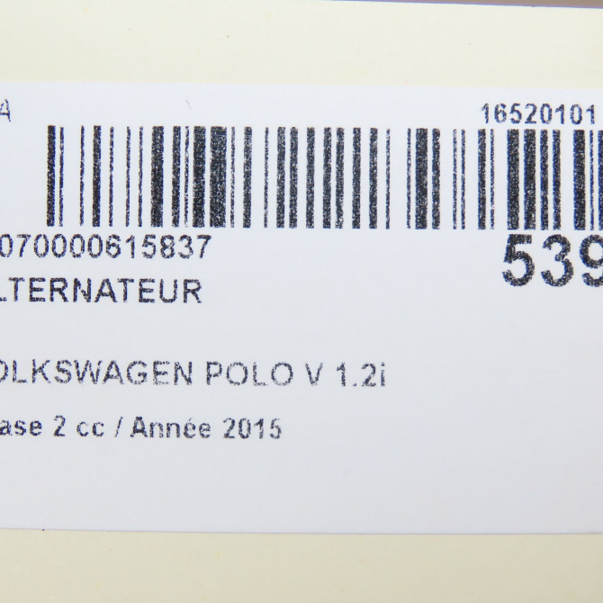 Alternateur occasion VOLKSWAGEN POLO V Phase 2 02-2014->... 1.2i 90ch 4E903015T 7