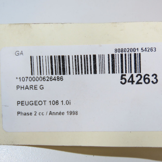 Phare gauche occasion PEUGEOT 106 Phase 2 04-1996->09-2003 1.0i 6204P4 7