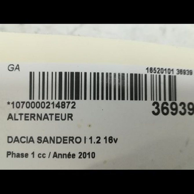 Alternateur occasion DACIA SANDERO I Phase 1 06-2008->10-2012 1.2 16v 75ch 231001107R 4