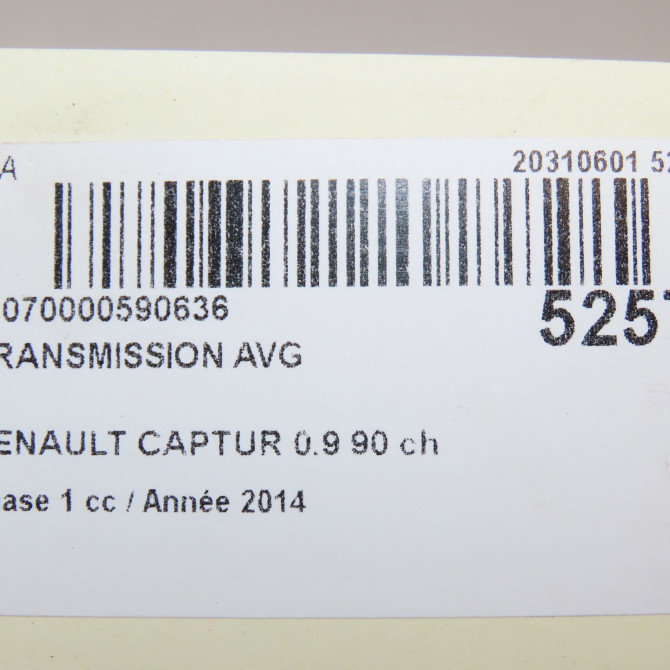 Transmission avant gauche occasion RENAULT CAPTUR Phase 1 02-2013->... 0.9 90 ch 391016376R 7