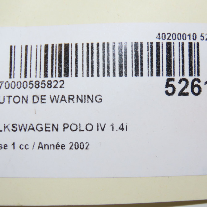 Bouton de warning occasion VOLKSWAGEN POLO IV Phase 1 01-2002->05-2005 1.4i 75ch 6Q095323501C 5