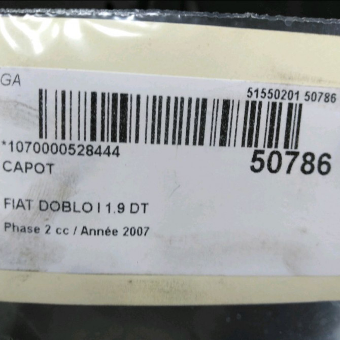 Capot occasion FIAT DOBLO I Phase 2 01-2006->12-2009 1.9 DT MULTijet 51934310 8