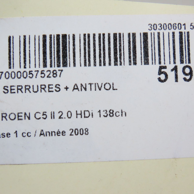 Kit serrures + antivol occasion CITROEN C5 II Phase 1 04-2008->... 2.0 HDi 138ch 4162NS 6